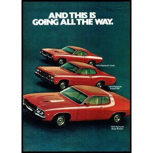 1974 Plymouth Road Runner Duster 360 Cuda Line Up Vintage Print Ad Wall Art